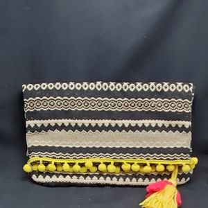 Just Fab Fit Fold Over Tassel Purse Yellow Pom Pom